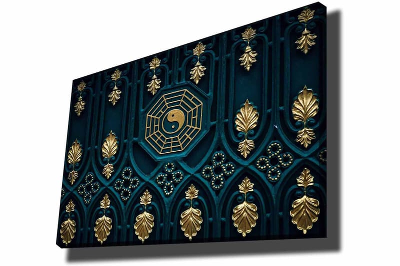 Canvastavla 70x100 cm - Abstrakt design med yin-yang-symbol och dekorativa element i guld och blått - Mörkblå / Guld - Inredning & dekor - Tavlor & konst - Canvastavla