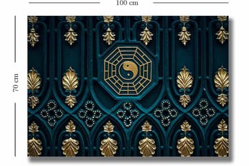 Canvastavla 70x100 cm - Abstrakt design med yin-yang-symbol och dekorativa element i guld och blått - Mörkblå / Guld - Inredning & dekor - Tavlor & konst - Canvastavla