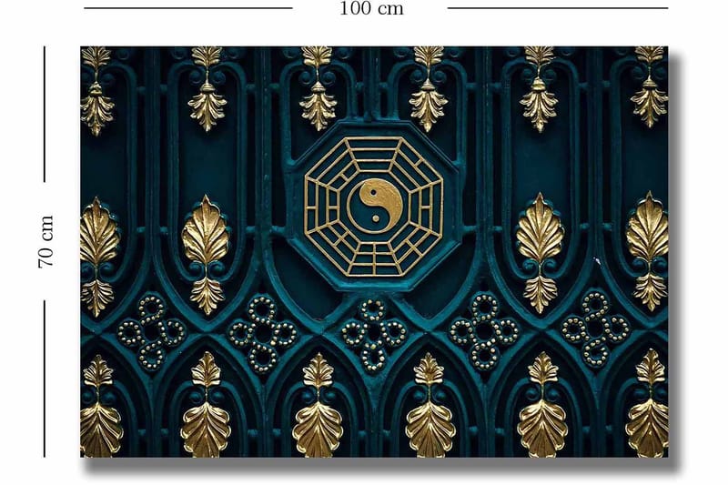 Canvastavla 70x100 cm - Abstrakt design med yin-yang-symbol och dekorativa element i guld och blått - Mörkblå / Guld - Inredning & dekor - Tavlor & konst - Canvastavla
