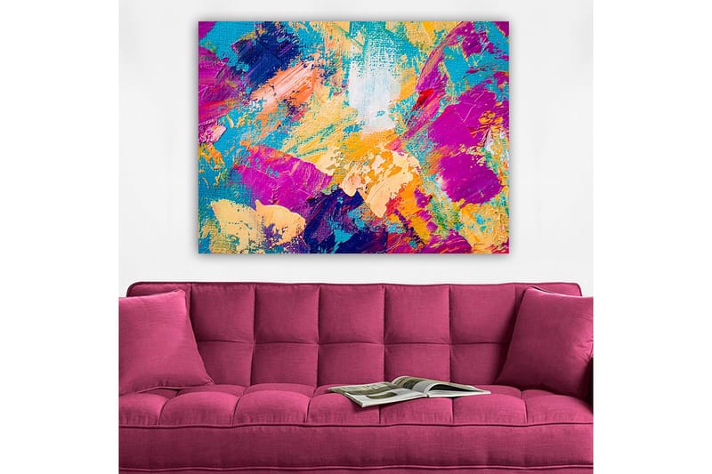 Canvastavla 70x100 cm - Abstrakt färgexplosion med livfulla nyanser som skapar en dynamisk känsla - Turkos / Lila / Orange - Inredning & dekor - Tavlor & konst - Canvastavla