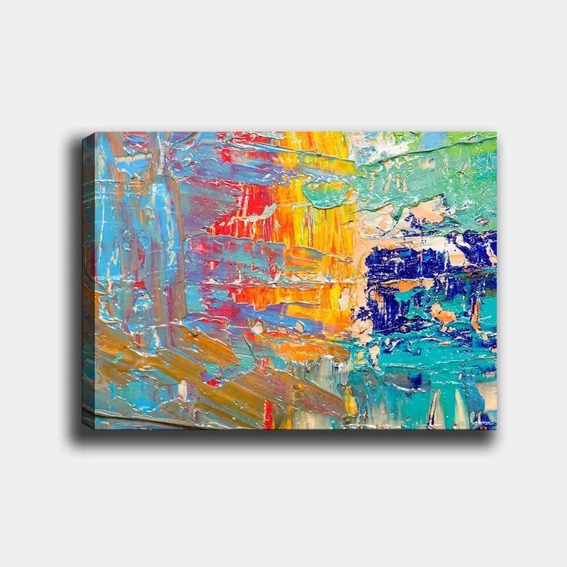 Canvastavla 70x100 cm - Abstrakt färgspel med inslag av blått, gult och orange, Blå / Gul / Orange