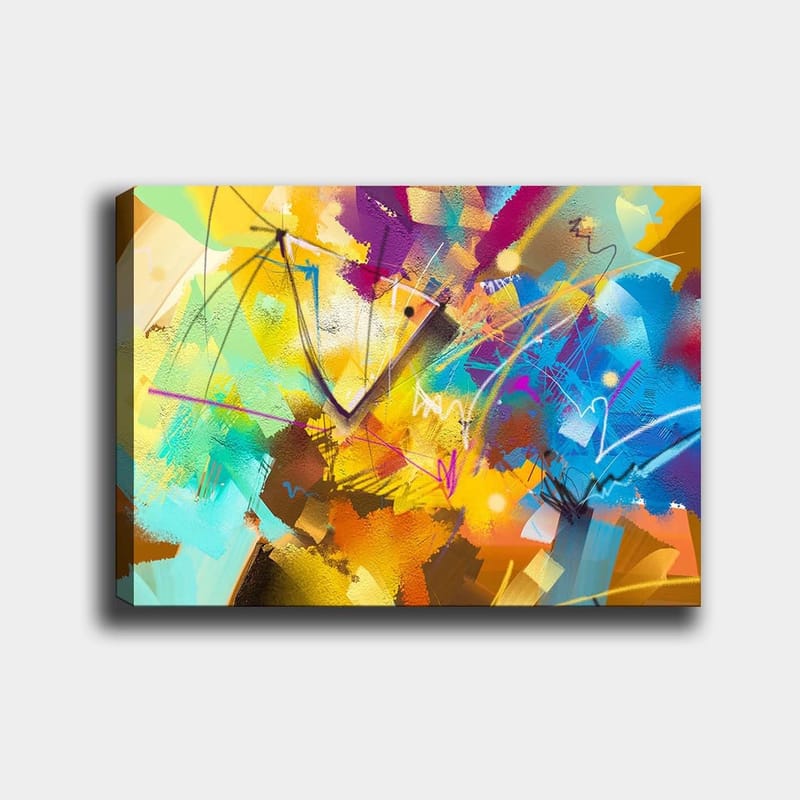 Canvastavla 70x100 cm - Abstrakt färgsprakande komposition med dynamiska former och linjer, Gul / Blå / Turkos