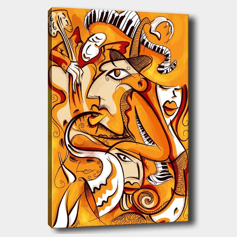Canvastavla 70x100 cm - Abstrakt komposition av ansikten och former i varma orangea nyanser - Orange / Vit / Svart - Inredning & dekor - Tavlor & konst - Canvastavla