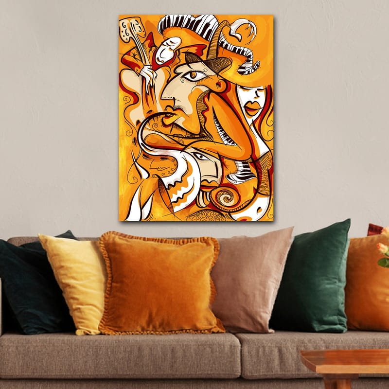 Canvastavla 70x100 cm - Abstrakt komposition av ansikten och former i varma orangea nyanser - Orange / Vit / Svart - Inredning & dekor - Tavlor & konst - Canvastavla