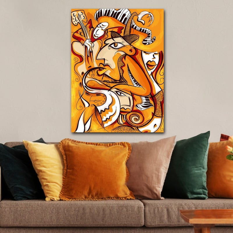 Canvastavla 70x100 cm - Abstrakt komposition av ansikten och former i varma orangea nyanser - Orange / Vit / Svart - Inredning & dekor - Tavlor & konst - Canvastavla