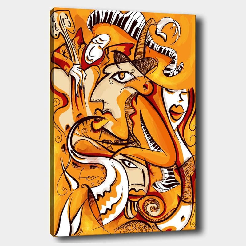Canvastavla 70x100 cm - Abstrakt komposition av ansikten och former i varma orangea nyanser - Orange / Vit / Svart - Inredning & dekor - Tavlor & konst - Canvastavla