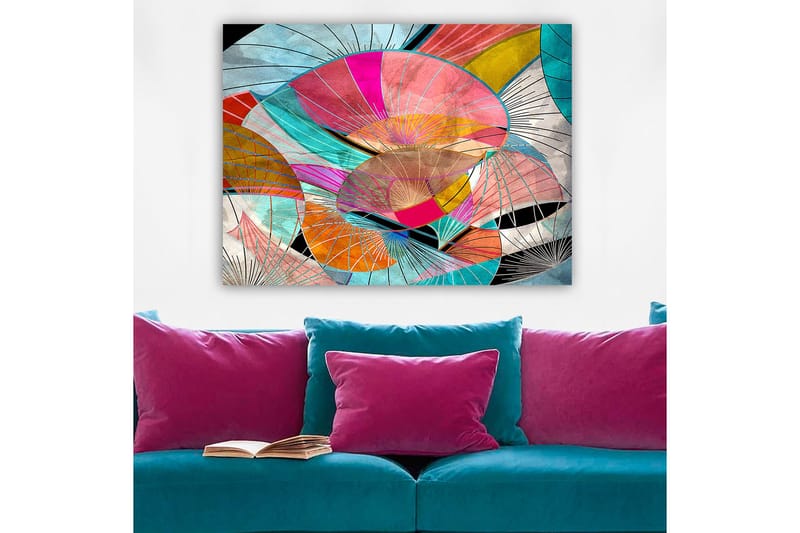 Canvastavla 70x100 cm - Abstrakt komposition av färgglada former som påminner om blad eller skärmar - Rosa / Turkos / Orange - Inredning & dekor - Tavlor & konst - Canvastavla