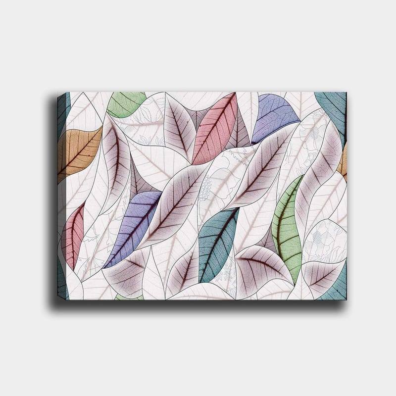 Canvastavla 70x100 cm - Abstrakt komposition av färgglada löv i olika former och nyanser, Grön / Röd / Blå