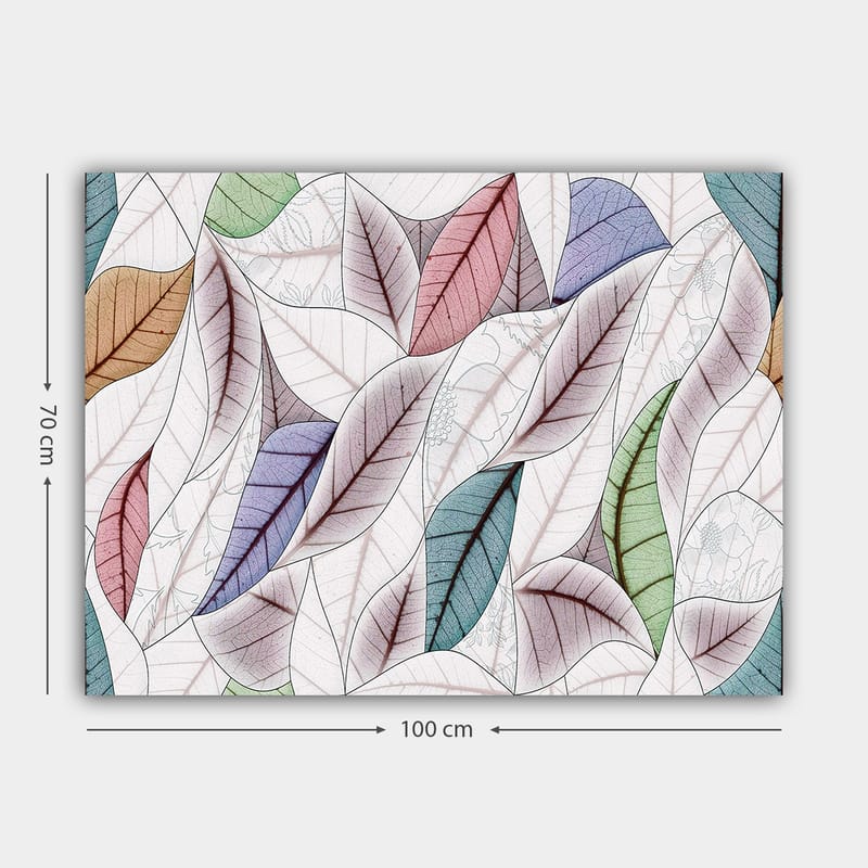 Canvastavla 70x100 cm - Abstrakt komposition av färgglada löv i olika former och nyanser - Grön / Röd / Blå - Inredning & dekor - Tavlor & konst - Canvastavla