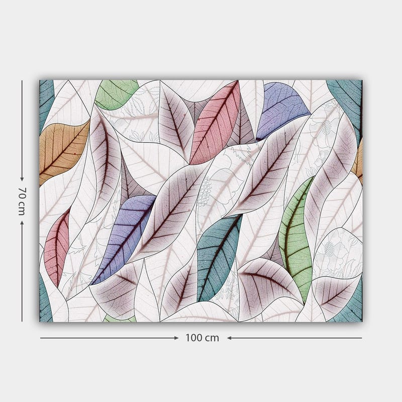 Canvastavla 70x100 cm - Abstrakt komposition av färgglada löv i olika former och nyanser - Grön / Röd / Blå - Inredning & dekor - Tavlor & konst - Canvastavla