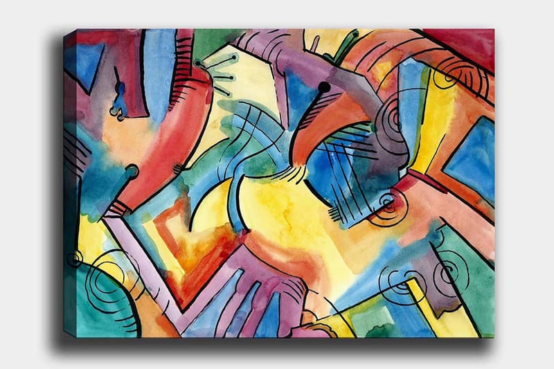 Canvastavla 70x100 cm - Abstrakt komposition av händer och former som symboliserar samhörighet och rörelse, Röd / Blå / Gul