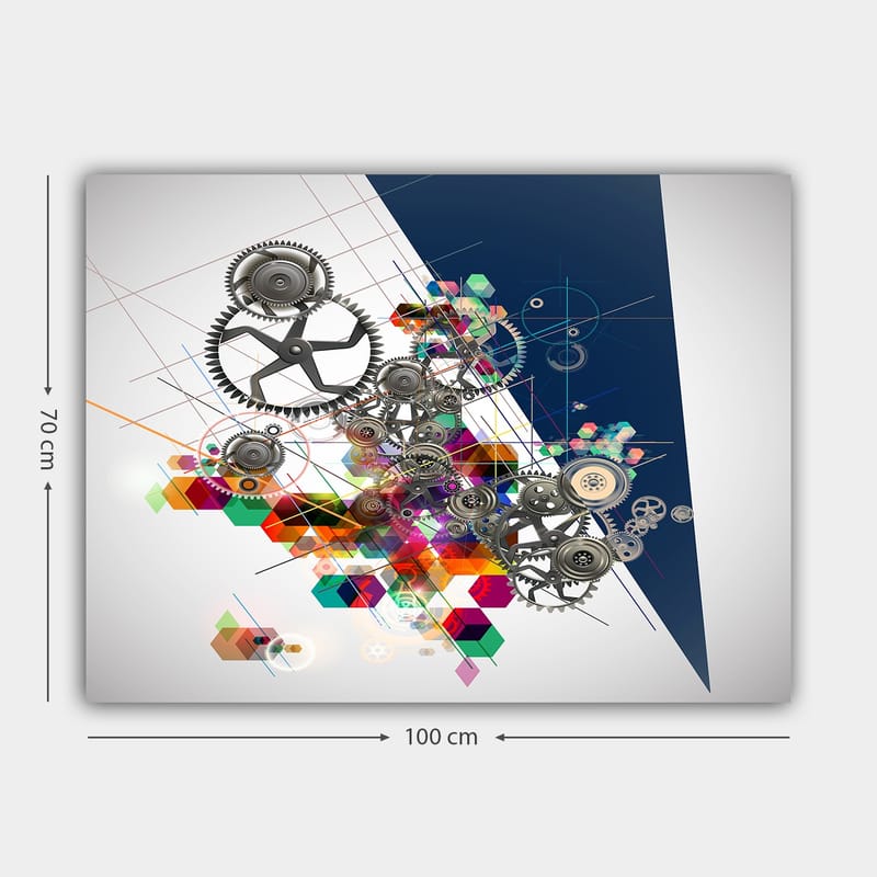 Canvastavla 70x100 cm - Abstrakt komposition av kugghjul och geometriska former i livliga färger - Grå / Röd / Grön - Inredning & dekor - Tavlor & konst - Canvastavla