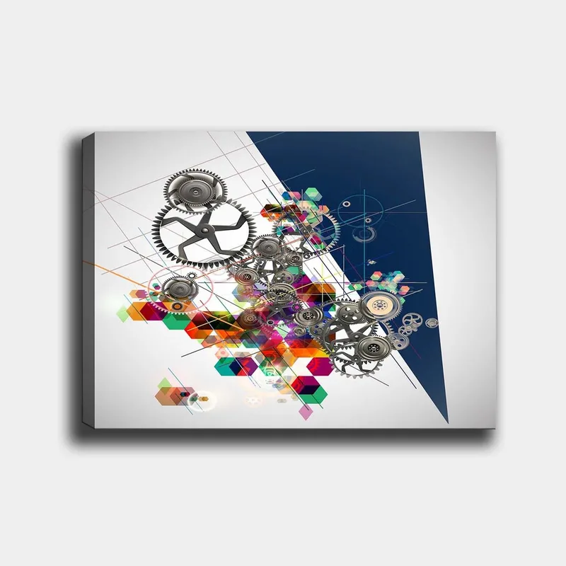 Canvastavla 70x100 cm - Abstrakt komposition av kugghjul och geometriska former i livliga färger, Grå / Röd / Grön