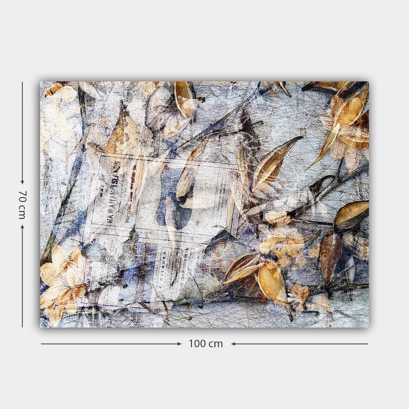 Canvastavla 70x100 cm - Abstrakt komposition av löv och tidningspapper som skapar en känsla av natur och tidens gång - Grå / Beige / Brun - Inredning & dekor - Tavlor & konst - Canvastavla