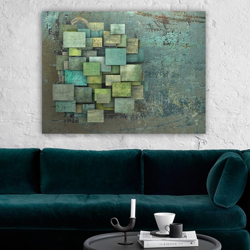 Canvastavla 70x100 cm - Abstrakt komposition av överlappande kvadrater i olika nyanser av grönt och blått - Grön / Turkos / Blå - Inredning & dekor - Tavlor & konst - Canvastavla
