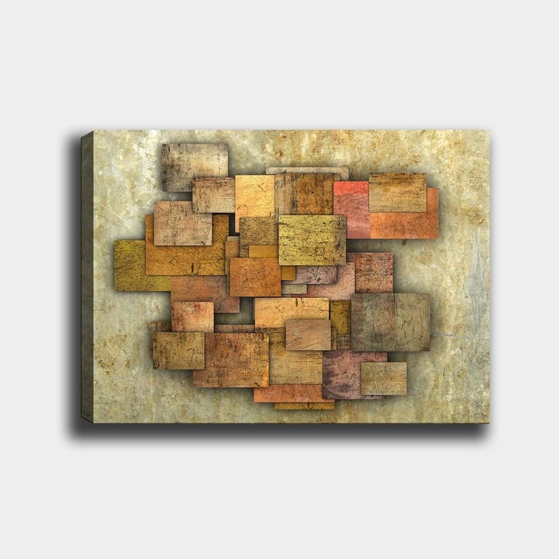 Canvastavla 70x100 cm - Abstrakt komposition av träplattor i olika nyanser som skapar en dynamisk struktur, Guldbrun / Orange / Beige