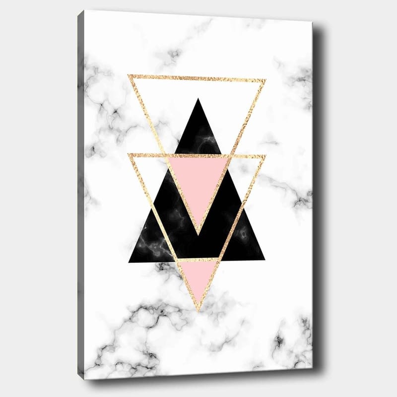 Canvastavla 70x100 cm - Abstrakt komposition av trianglar i olika färger och former, Svart / Rosa / Guld