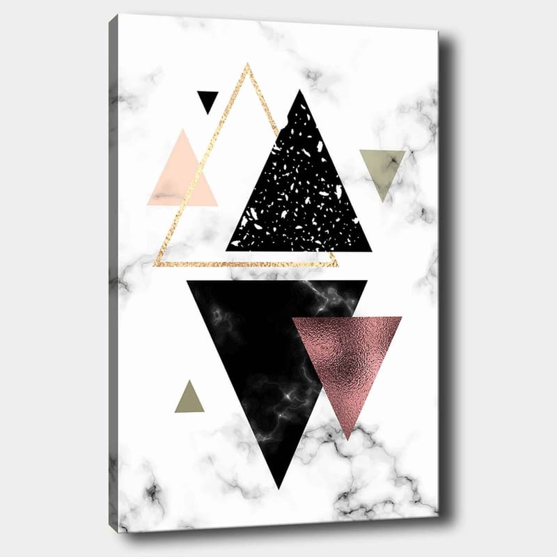 Canvastavla 70x100 cm - Abstrakt komposition av trianglar i olika former och färger, Svart / Rosa / Guld
