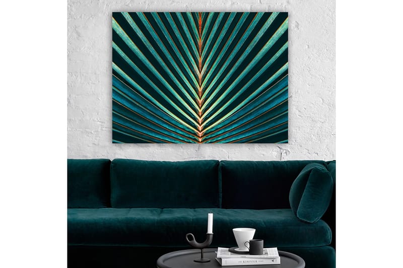 Canvastavla 70x100 cm - Abstrakt komposition av palmblad med tydliga linjer och symmetri - Mörkgrön / Turkos / Orange - Inredning & dekor - Tavlor & konst - Canvastavla