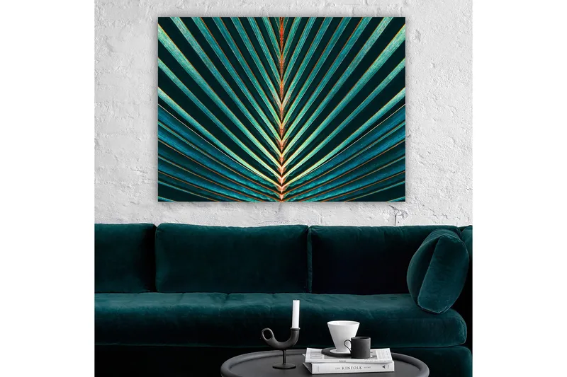 Canvastavla 70x100 cm - Abstrakt komposition av palmblad med tydliga linjer och symmetri - Mörkgrön / Turkos / Orange - Inredning & dekor - Tavlor & konst - Canvastavla