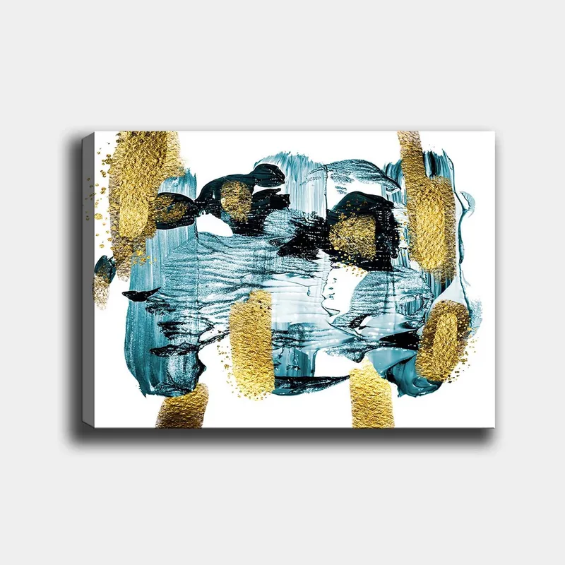 Canvastavla 70x100 cm - Abstrakt komposition med blå och guldiga inslag som skapar en dynamisk känsla, Mörkblå / Guld / Ljusblå