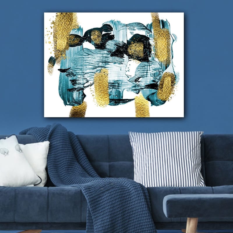Canvastavla 70x100 cm - Abstrakt komposition med blå och guldiga inslag som skapar en dynamisk känsla - Mörkblå / Guld / Ljusblå - Inredning & dekor - Tavlor & konst - Canvastavla