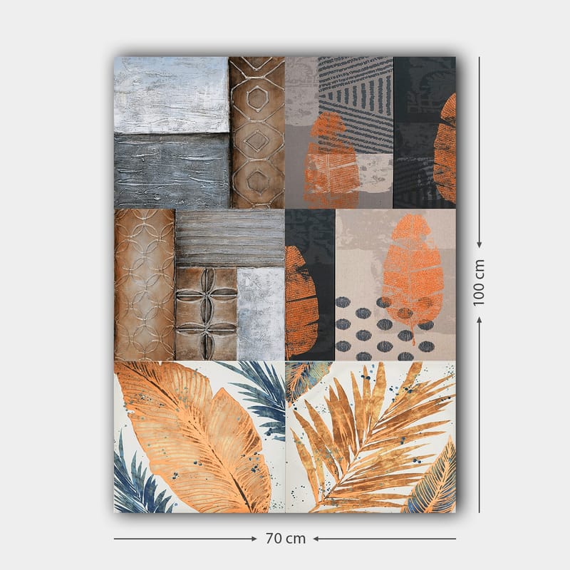 Canvastavla 70x100 cm - Abstrakt komposition med bladmotiv och geometriska mönster i jordnära toner - Orange / Grå / Beige - Inredning & dekor - Tavlor & konst - Canvastavla