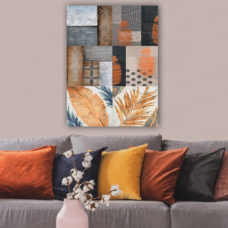 Canvastavla 70x100 cm - Abstrakt komposition med bladmotiv och geometriska mönster i jordnära toner - Orange / Grå / Beige - Inredning & dekor - Tavlor & konst - Canvastavla