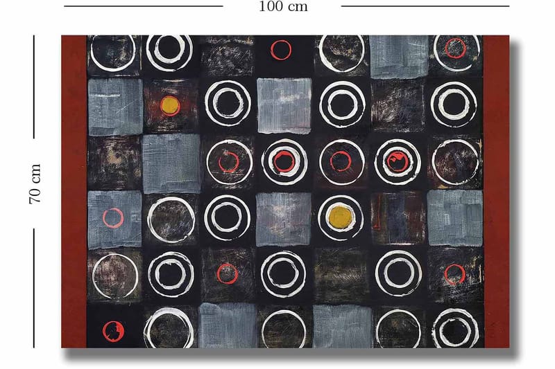 Canvastavla 70x100 cm - Abstrakt komposition med cirklar och kvadrater i kontrasterande färger - Svart / Grå / Röd - Inredning & dekor - Tavlor & konst - Canvastavla