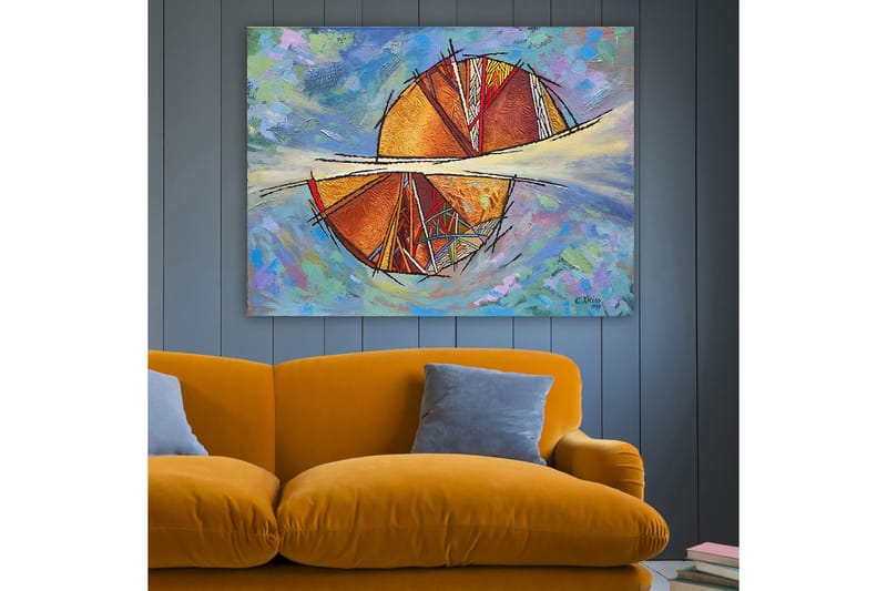 Canvastavla 70x100 cm - Abstrakt komposition med cirkulära former och geometriska mönster i varma färger - Guld / Röd / Orange - Inredning & dekor - Tavlor & konst - Canvastavla