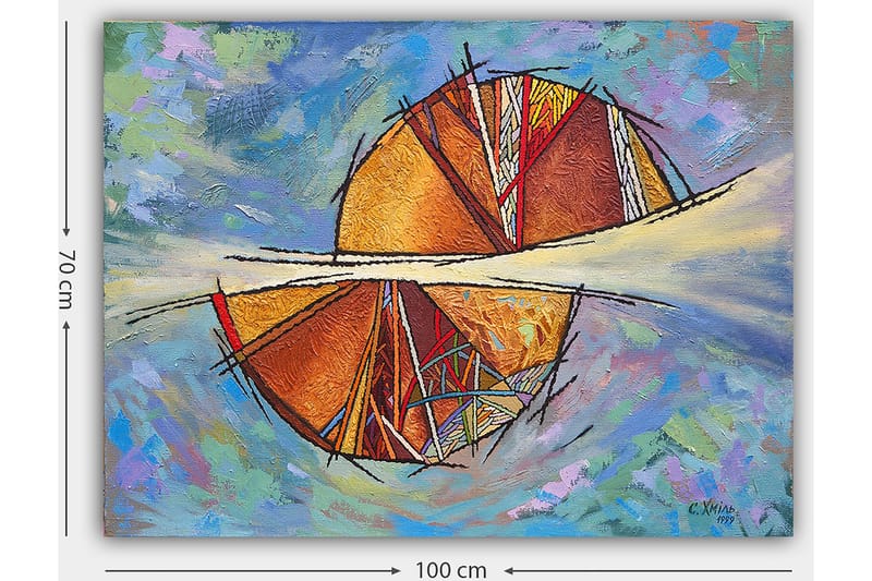 Canvastavla 70x100 cm - Abstrakt komposition med cirkulära former och geometriska mönster i varma färger - Guld / Röd / Orange - Inredning & dekor - Tavlor & konst - Canvastavla