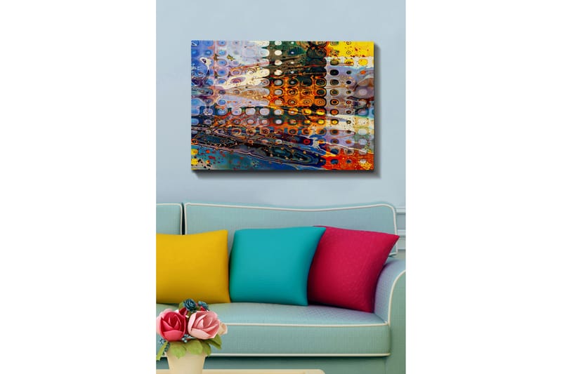 Canvastavla 70x100 cm - Abstrakt komposition med cirkulära mönster i olika färger som skapar en dynamisk känsla - Blå / Orange / Gul - Inredning & dekor - Tavlor & konst - Canvastavla