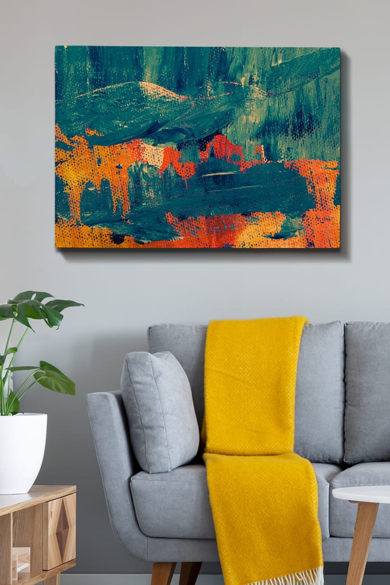 Canvastavla 70x100 cm - Abstrakt komposition med djupa gröna och varma orangea toner - Mörkgrön / Orange - Inredning & dekor - Tavlor & konst - Canvastavla