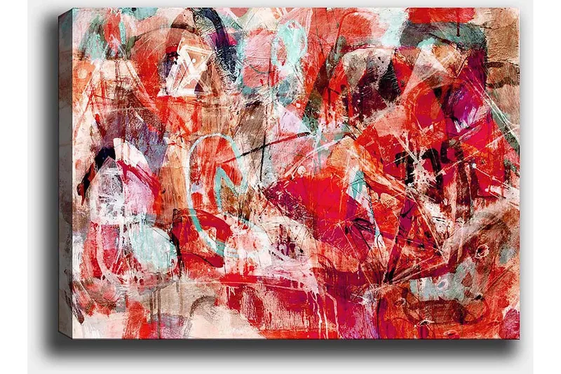 Canvastavla 70x100 cm - Abstrakt komposition med dynamiska former i starka färger - Röd / Turkos / Beige - Inredning & dekor - Tavlor & konst - Canvastavla