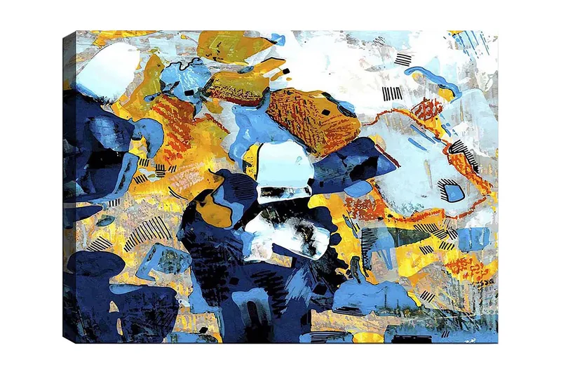 Canvastavla 70x100 cm - Abstrakt komposition med dynamiska former och färger som skapar en livlig känsla, Mörkblå / Ljusblå / Gul