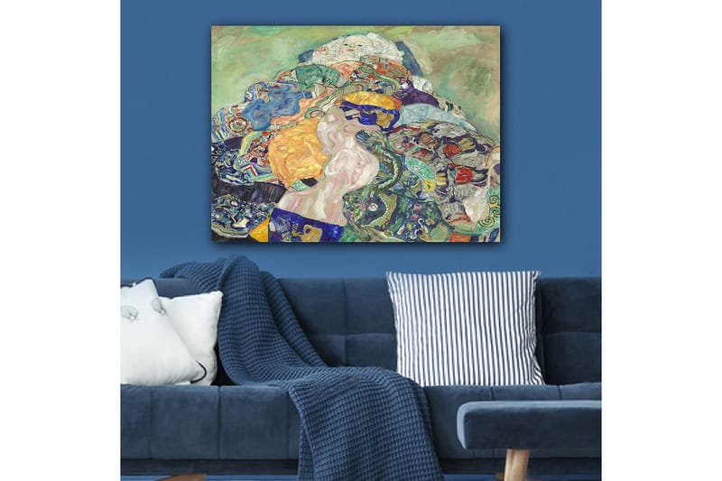 Canvastavla 70x100 cm - Abstrakt komposition med en liggande figur omgiven av färgglada mönster och former - Blå / Orange / Grön - Inredning & dekor - Tavlor & konst - Canvastavla