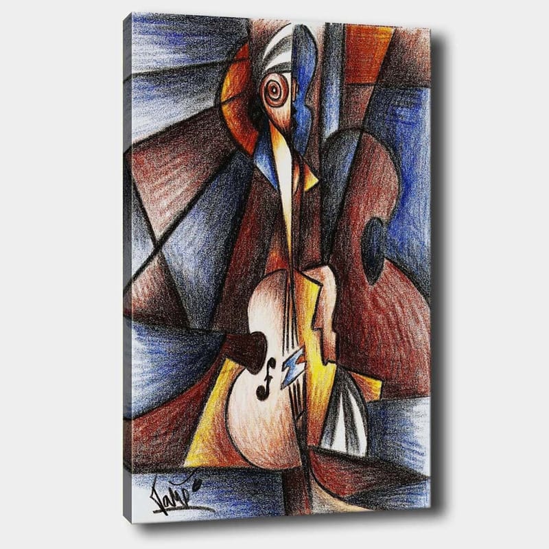 Canvastavla 70x100 cm - Abstrakt komposition med en musiker som spelar ett instrument, Mörkblå / Brun / Beige