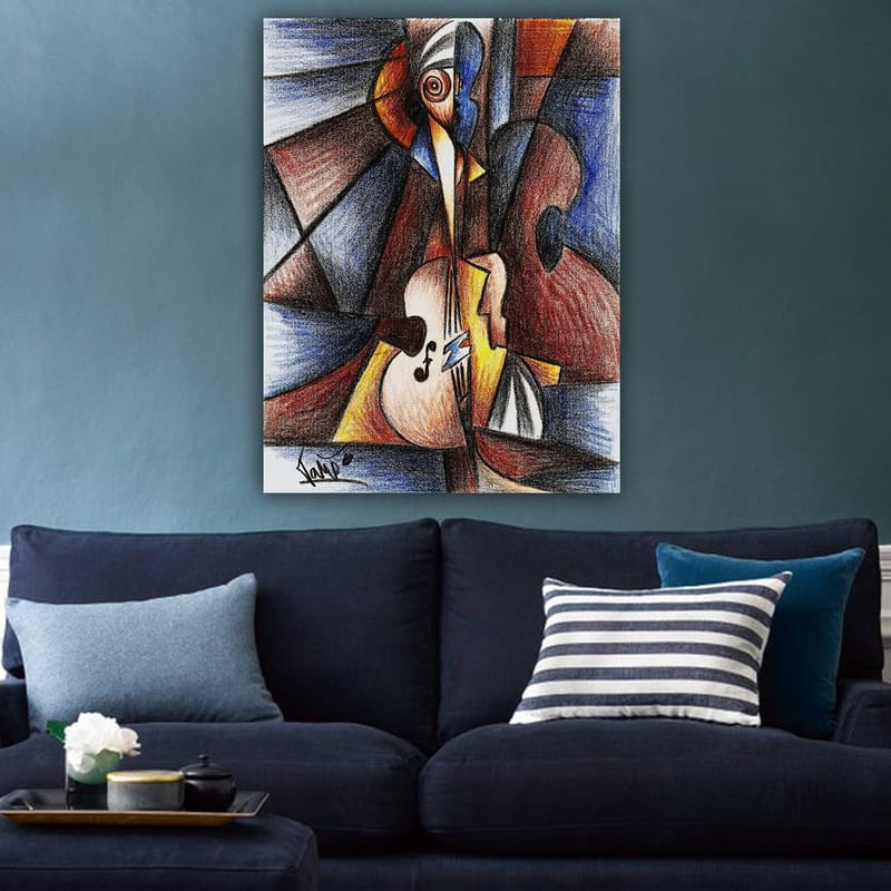 Canvastavla 70x100 cm - Abstrakt komposition med en musiker som spelar ett instrument - Mörkblå / Brun / Beige - Inredning & dekor - Tavlor & konst - Canvastavla