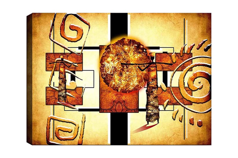 Canvastavla 70x100 cm - Abstrakt komposition med en stor sol och geometriska former, Guld / Brunt / Svart