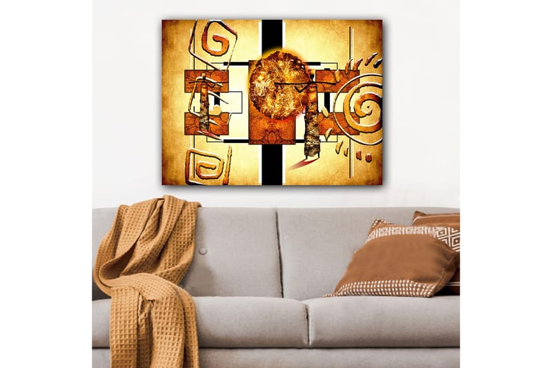 Canvastavla 70x100 cm - Abstrakt komposition med en stor sol och geometriska former - Guld / Brunt / Svart - Inredning & dekor - Tavlor & konst - Canvastavla