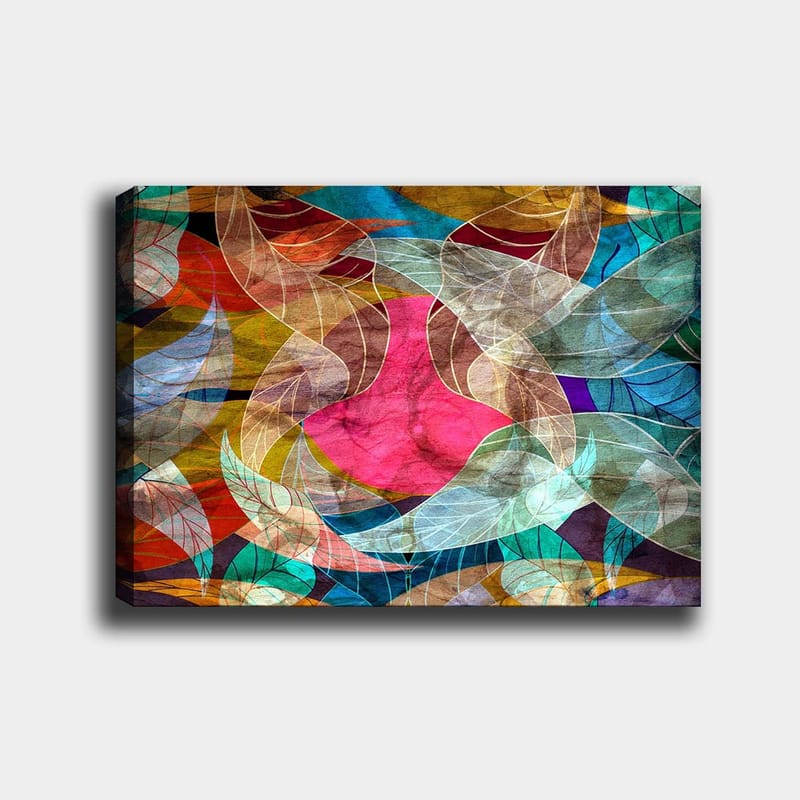 Canvastavla 70x100 cm - Abstrakt komposition med färgglada bladformer och en central rosa figur - Rosa / Turkos / Guldbrun - Inredning & dekor - Tavlor & konst - Canvastavla