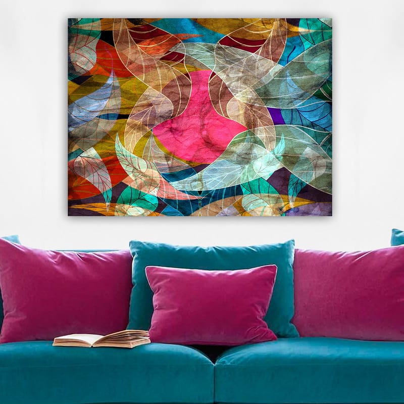 Canvastavla 70x100 cm - Abstrakt komposition med färgglada bladformer och en central rosa figur - Rosa / Turkos / Guldbrun - Inredning & dekor - Tavlor & konst - Canvastavla