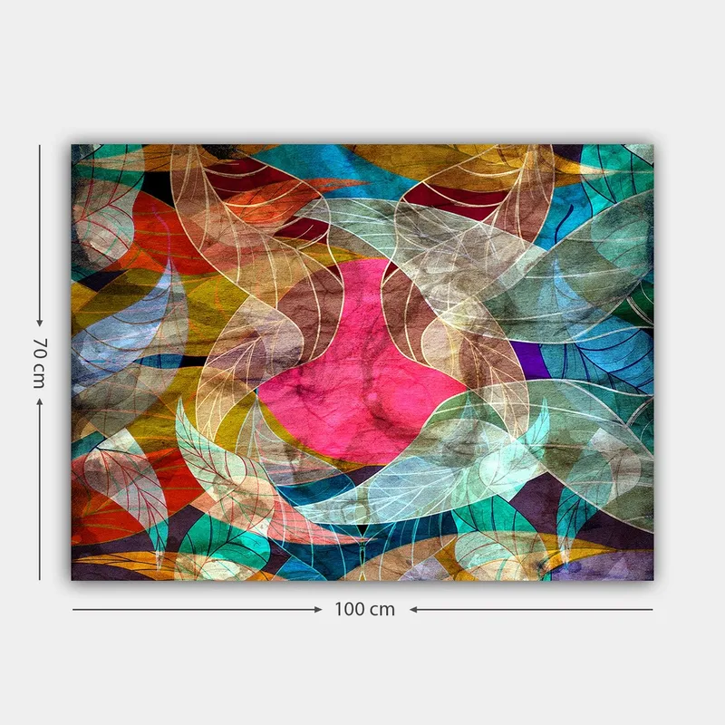 Canvastavla 70x100 cm - Abstrakt komposition med färgglada bladformer och en central rosa figur - Rosa / Turkos / Guldbrun - Inredning & dekor - Tavlor & konst - Canvastavla