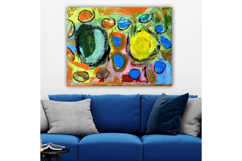 Canvastavla 70x100 cm - Abstrakt komposition med färgglada cirklar och former som skapar en livlig och dynamisk känsla, Grön / Gul / Blå