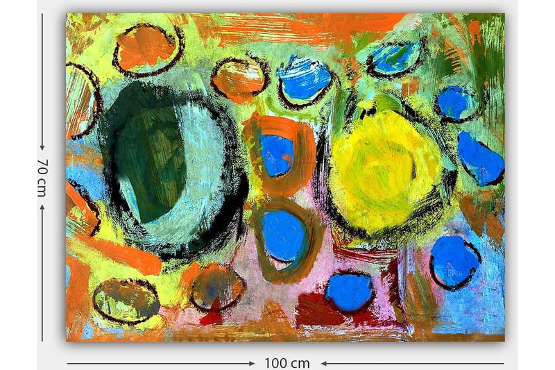 Canvastavla 70x100 cm - Abstrakt komposition med färgglada cirklar och former som skapar en livlig och dynamisk känsla - Grön / Gul / Blå - Inredning & dekor - Tavlor & konst - Canvastavla