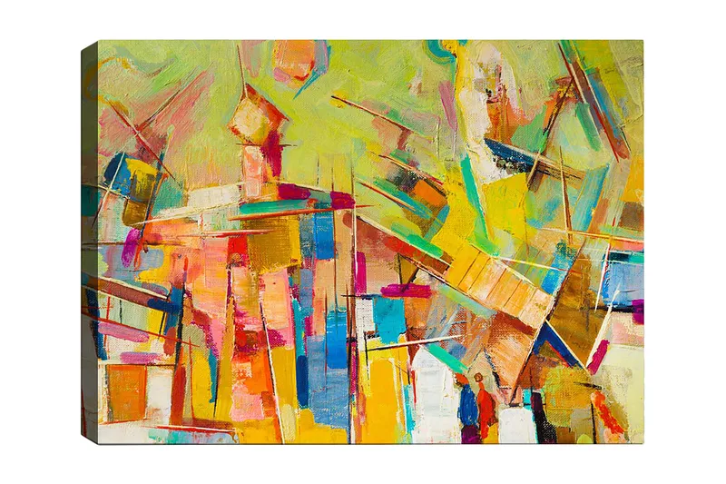 Canvastavla 70x100 cm - Abstrakt komposition med färgglada former och linjer som skapar en dynamisk känsla, Gul / Rosa / Blå