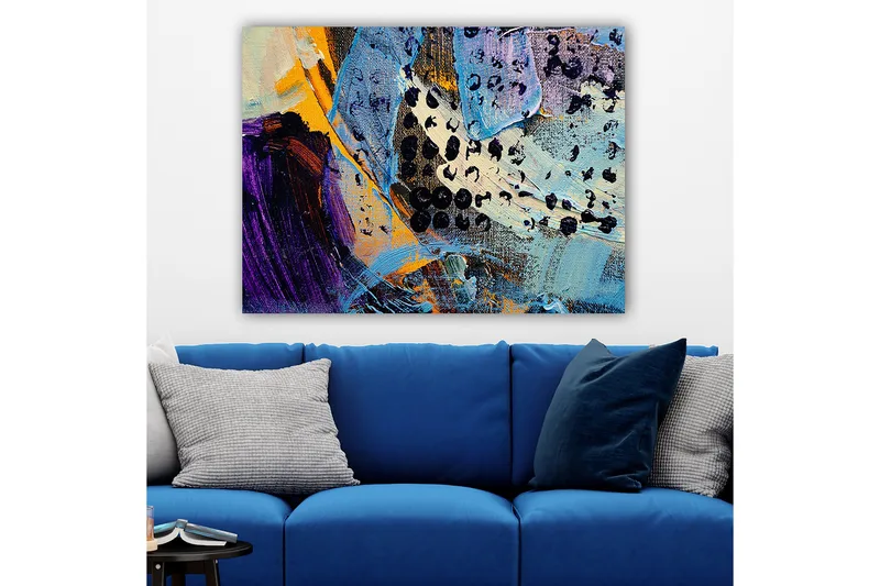 Canvastavla 70x100 cm - Abstrakt komposition med färgglada former och texturer - Blå / Svart / Orange - Inredning & dekor - Tavlor & konst - Canvastavla