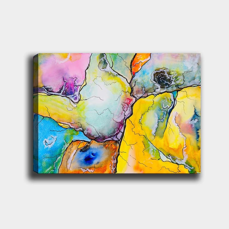 Canvastavla 70x100 cm - Abstrakt komposition med färgglada former som samverkar i harmoniska mönster - Gul / Blå / Rosa - Inredning & dekor - Tavlor & konst - Canvastavla