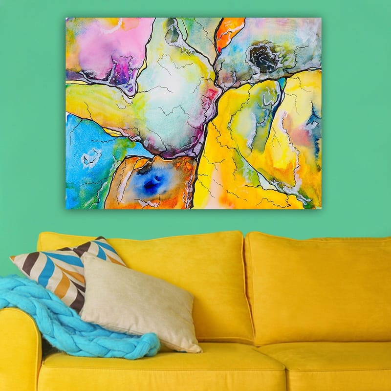 Canvastavla 70x100 cm - Abstrakt komposition med färgglada former som samverkar i harmoniska mönster - Gul / Blå / Rosa - Inredning & dekor - Tavlor & konst - Canvastavla