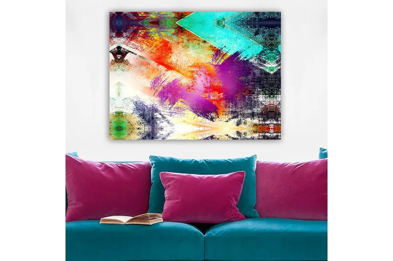 Canvastavla 70x100 cm - Abstrakt komposition med färgglada geometriska former och dynamiska penseldrag - Turkos / Lila / Röd - Inredning & dekor - Tavlor & konst - Canvastavla